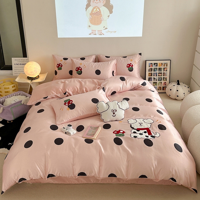 91家纺网 家纺一手货源 找家纺 优悦2024新款冰丝卡通贴布绣四件套 围巾狗-粉