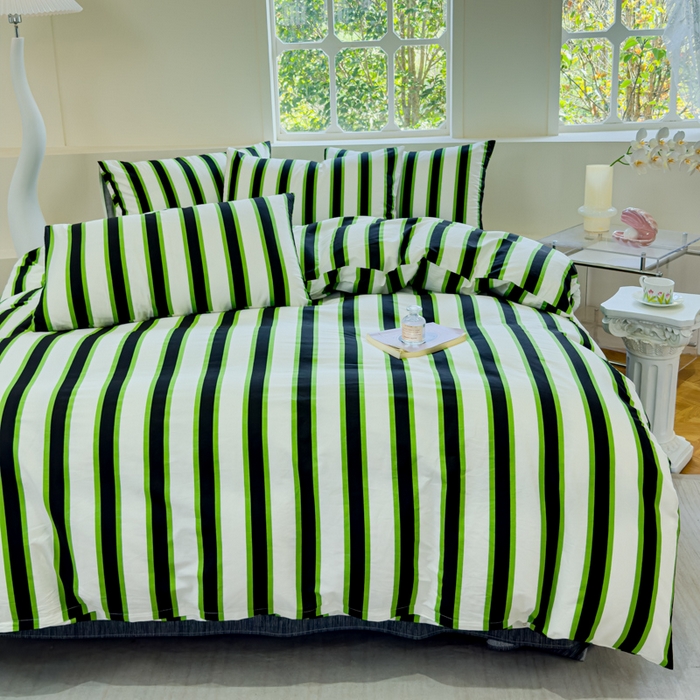 91家纺网 家纺一手货源 找家纺 感遇 2024新款全棉印花四件套 黑绿条纹