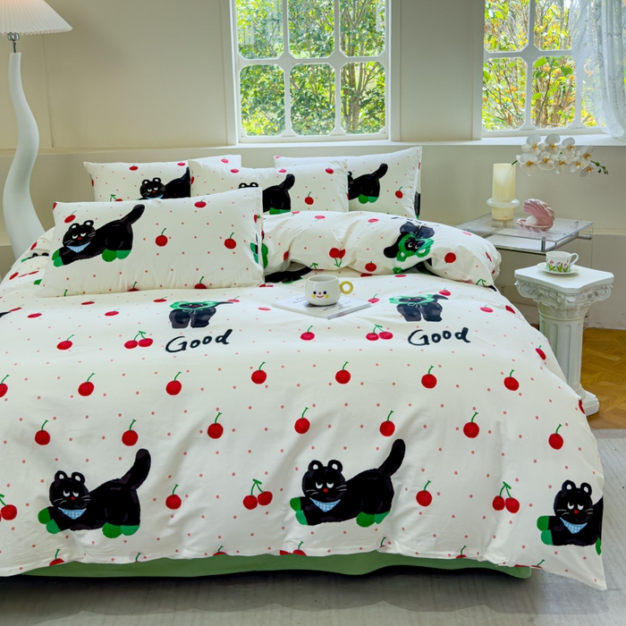 91家纺网 家纺一手货源 找家纺 感遇 2024新款全棉印花四件套 樱桃猫咪
