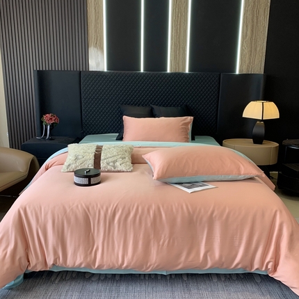 91家纺网 家纺一手货源 找家纺 莱豫家纺 2024新款80支莱赛尔天丝纯色双拼四件套 伯爵夫人粉