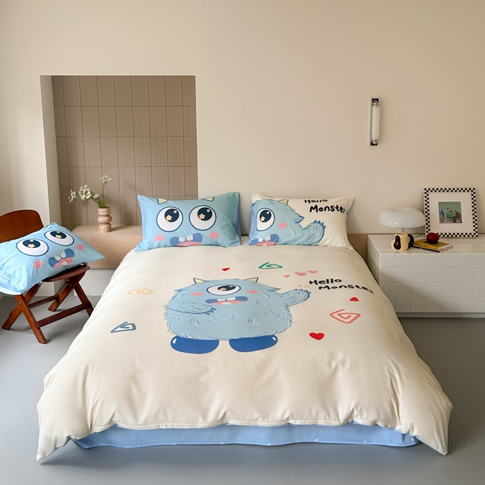 91家纺网 家纺一手货源 找家纺 曼之夏 2024新款40支高精密数码印花全棉四件套 独眼小怪