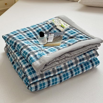 91家纺网 家纺一手货源 找家纺 亚龙工厂店 2024新款A类水洗棉无印风夏被 深蓝格子