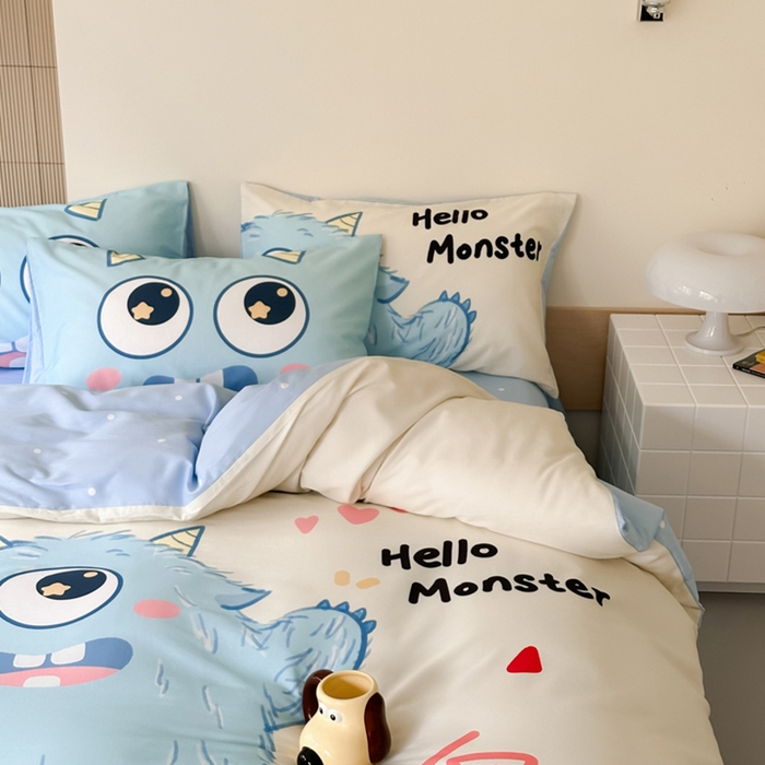 91家纺网 家纺一手货源 找家纺 曼之夏 2024新款40支高精密数码印花全棉四件套 独眼小怪