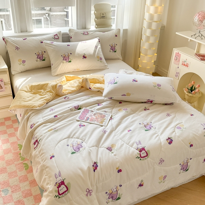 91家纺网 家纺一手货源 找家纺 慕尚家纺2025新款双层纱水洗夏被子被芯 紫藤小兔