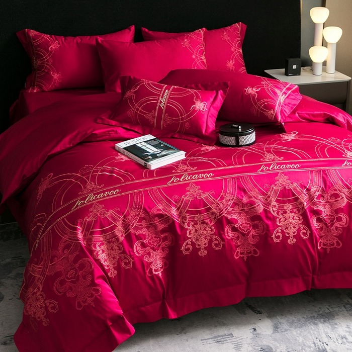 91家纺网 家纺一手货源 找家纺  【A类母婴级】100支长绒棉四件套全棉纯棉轻奢风床单床笠款重工刺绣秋冬季新品床上用品 克里斯 温莎红