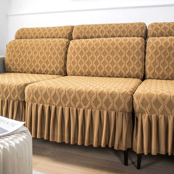 91家纺网 家纺一手货源 找家纺 千彤沙发垫 2024新款裙边款拉花绒菱形格系列沙发笠 咖色