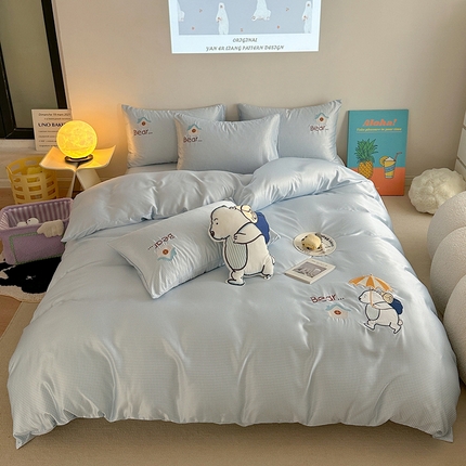 优悦2024新款冰丝卡通贴布绣四件套 背包熊-蓝