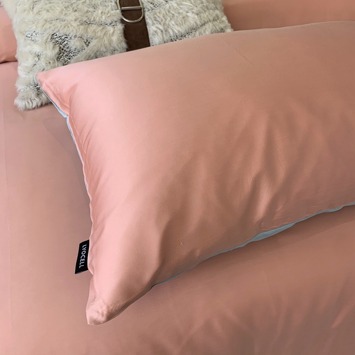 91家纺网 家纺一手货源 找家纺 莱豫家纺 2024新款80支莱赛尔天丝纯色双拼四件套 伯爵夫人粉