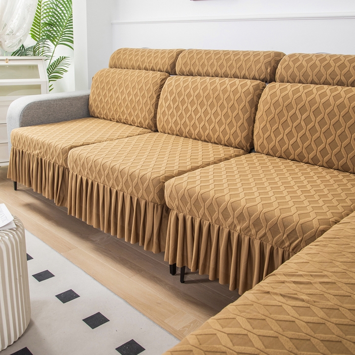 91家纺网 家纺一手货源 找家纺 千彤沙发垫 2024新款裙边款拉花绒菱形格系列沙发笠 咖色