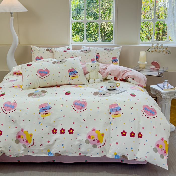 91家纺网 家纺一手货源 找家纺 感遇 2024新款全棉印花四件套 草莓小狗