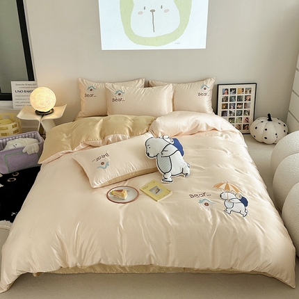 优悦2024新款冰丝卡通贴布绣四件套 背包熊-黄