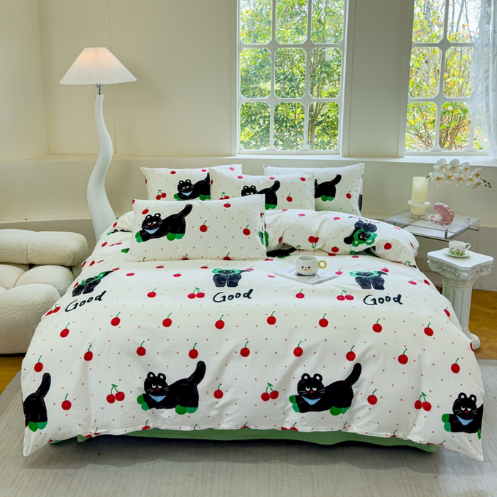 91家纺网 家纺一手货源 找家纺 感遇 2024新款全棉印花四件套 樱桃猫咪