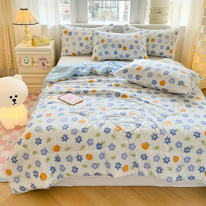 91家纺网 家纺一手货源 找家纺 慕尚家纺2025新款双层纱水洗夏被子被芯 橘子小花