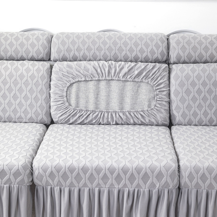 91家纺网 家纺一手货源 找家纺 千彤沙发垫 2024新款裙边款拉花绒菱形格系列沙发笠 银灰