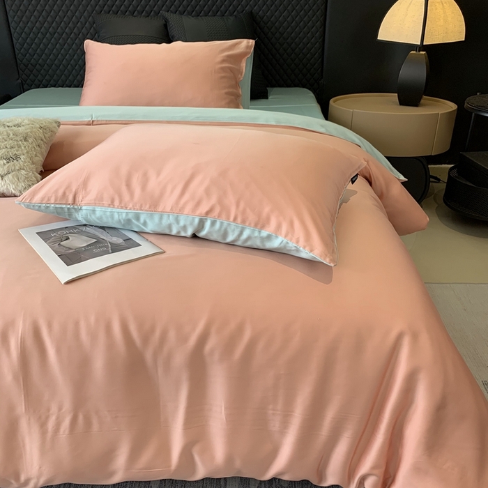 91家纺网 家纺一手货源 找家纺 莱豫家纺 2024新款80支莱赛尔天丝纯色双拼四件套 伯爵夫人粉