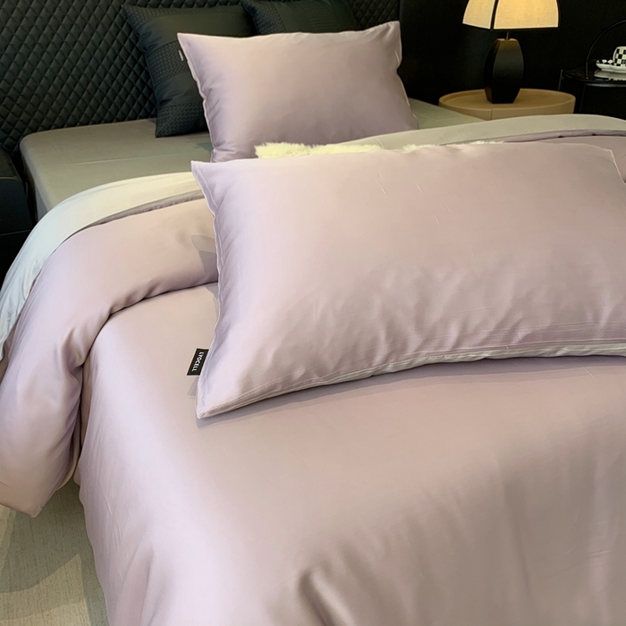 91家纺网 家纺一手货源 找家纺 莱豫家纺 2024新款80支莱赛尔天丝纯色双拼四件套 奶油香芋紫