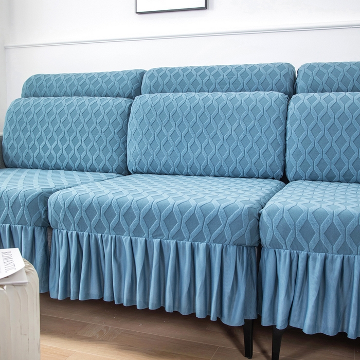 91家纺网 家纺一手货源 找家纺 千彤沙发垫 2024新款裙边款拉花绒菱形格系列沙发笠 水蓝