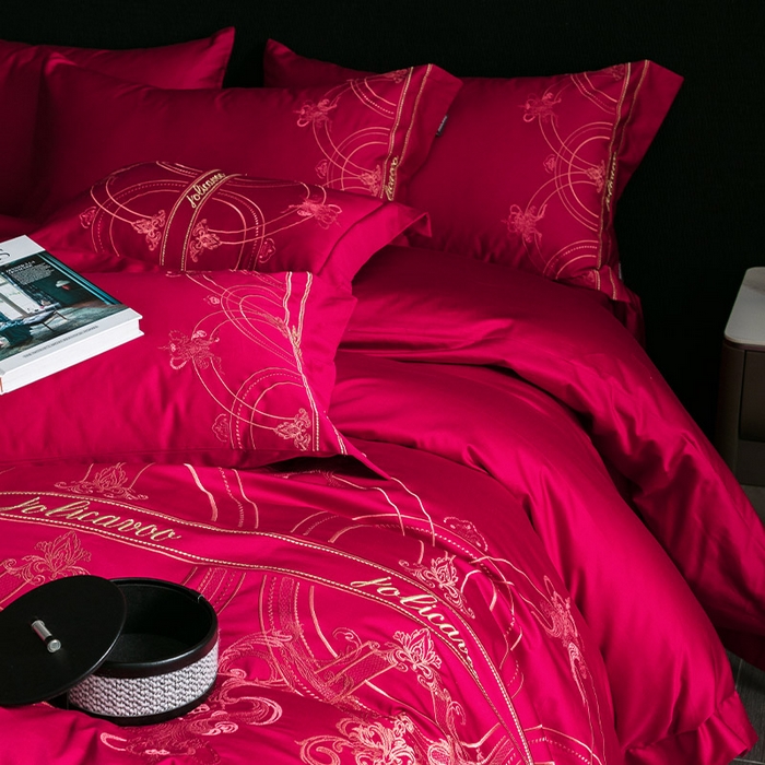 91家纺网 家纺一手货源 找家纺  【A类母婴级】100支长绒棉四件套全棉纯棉轻奢风床单床笠款重工刺绣秋冬季新品床上用品 克里斯 温莎红