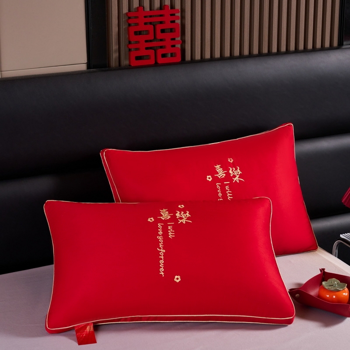 91家纺网 家纺一手货源 找家纺 贤内助 2024新款全棉婚庆羽丝枕保健枕枕头枕芯系列 喜乐 48*74cm/只