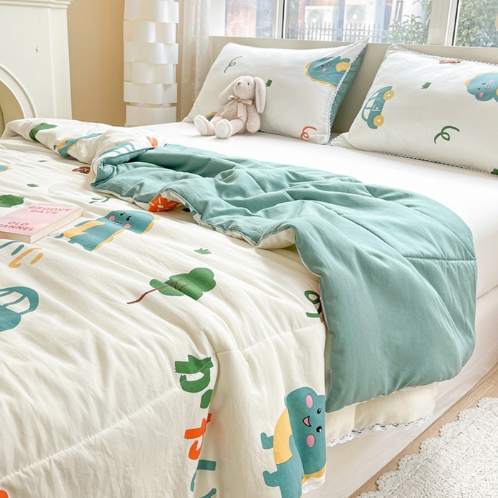 91家纺网 家纺一手货源 找家纺 慕尚家纺2025新款双层纱水洗夏被子被芯 萌萌恐龙