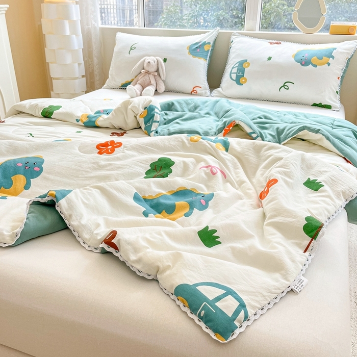 91家纺网 家纺一手货源 找家纺 慕尚家纺2025新款双层纱水洗夏被子被芯 萌萌恐龙