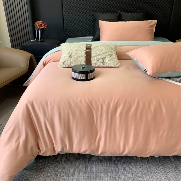 91家纺网 家纺一手货源 找家纺 莱豫家纺 2024新款80支莱赛尔天丝纯色双拼四件套 伯爵夫人粉