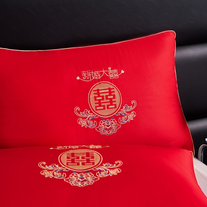 91家纺网 家纺一手货源 找家纺 贤内助 2024新款全棉婚庆羽丝枕保健枕枕头枕芯系列 新婚大喜 48*74cm/只