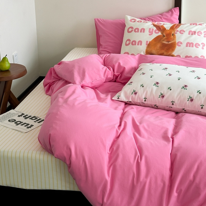91家纺网 家纺一手货源 找家纺 艾沁 2024新款小清新全棉水洗棉四件套 粉黛佳人（枕套兔+粉）