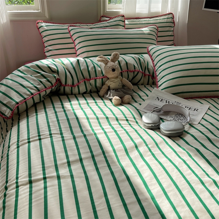 91家纺网 家纺一手货源 找家纺 857家居 2024新款贝壳边四件套 条纹-玫瑰绿