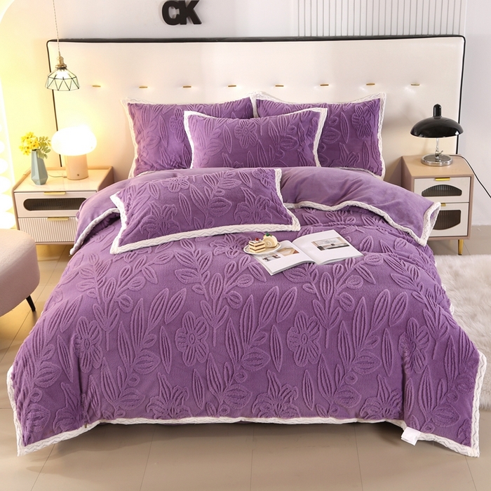 91家纺网 家纺一手货源 找家纺 芸锦豪2024新款花团雕花兔毛绒兔兔绒四件套 紫色