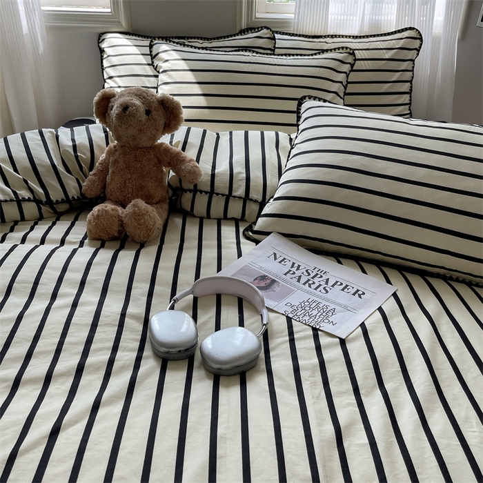 91家纺网 家纺一手货源 找家纺 857家居 2024新款贝壳边四件套 条纹-波点黑