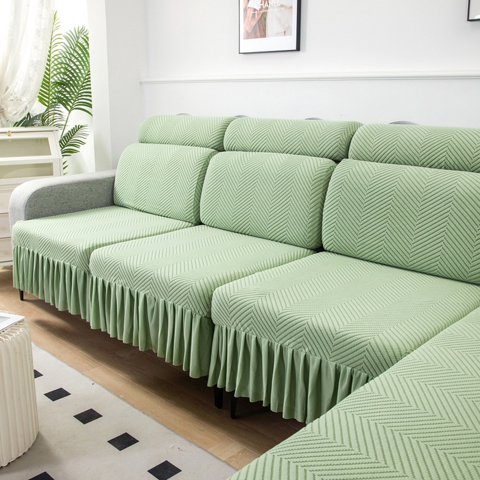 91家纺网 家纺一手货源 找家纺 千彤 2024新款裙边款弹力沙发套罩拉花绒人字纹系列沙发笠 浅绿
