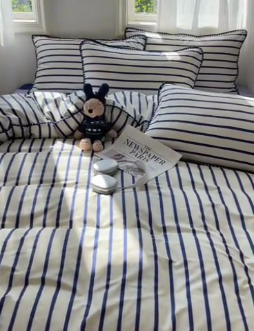 91家纺网 家纺一手货源 找家纺 857家居 2024新款贝壳边四件套 条纹-波点蓝