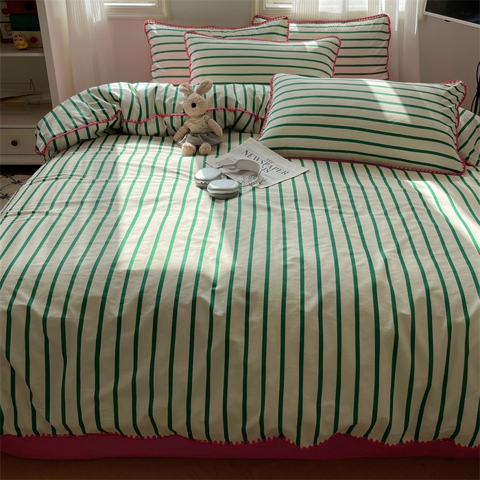 91家纺网 家纺一手货源 找家纺 857家居 2024新款贝壳边四件套 条纹-玫瑰绿