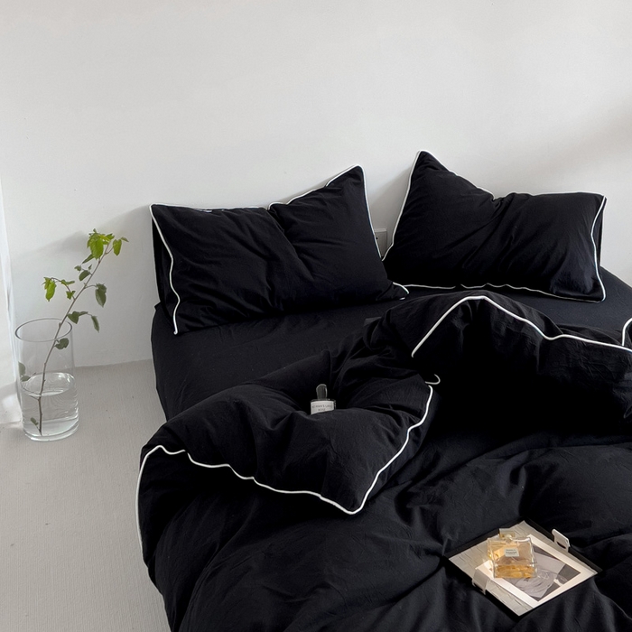 91家纺网 家纺一手货源 找家纺 梦家居 2024新款全棉色织水洗棉禁欲黑色系四件套 黑色—滚边款