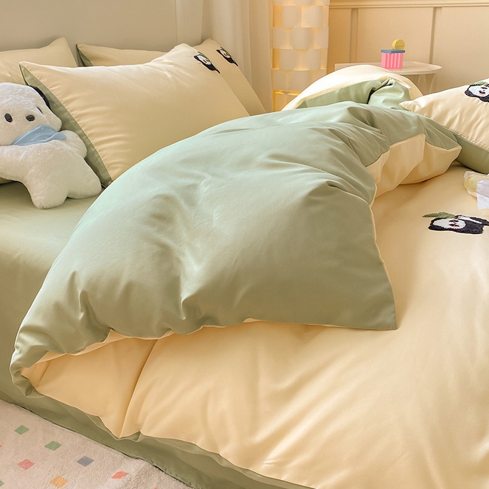 91家纺网 家纺一手货源 找家纺 眠帛 2024新款亲肤棉卡通毛巾绣四件套 熊猫-奶黄果绿