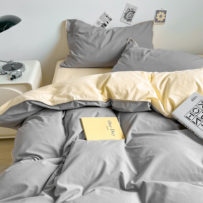 91家纺网 家纺一手货源 找家纺 眠帛 2024新款水洗棉贝壳边四件套 浅灰-奶黄