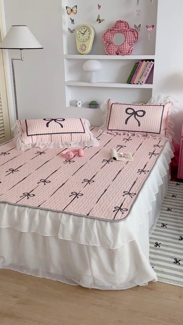 91家纺网 家纺一手货源 找家纺 昔可 新款床裙款乳胶凉席双层雪纺纱乳胶凉席三件套 芭蕾风蝴蝶结