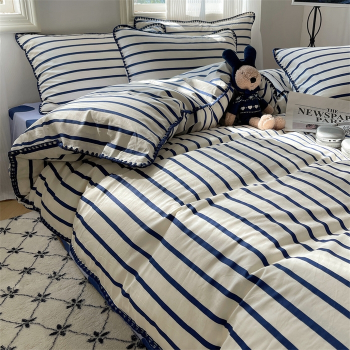 91家纺网 家纺一手货源 找家纺 857家居 2024新款贝壳边四件套 条纹-波点蓝