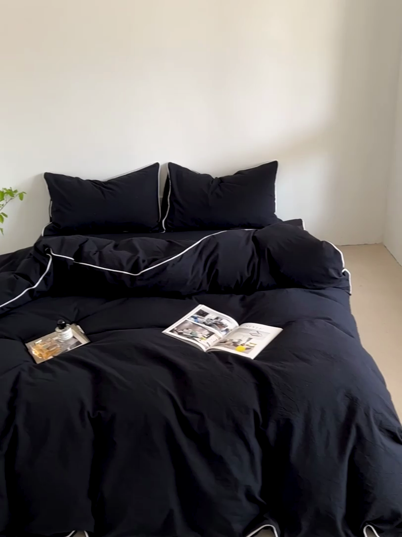 91家纺网 家纺一手货源 找家纺 梦家居 2024新款全棉色织水洗棉禁欲黑色系四件套 黑色—滚边款