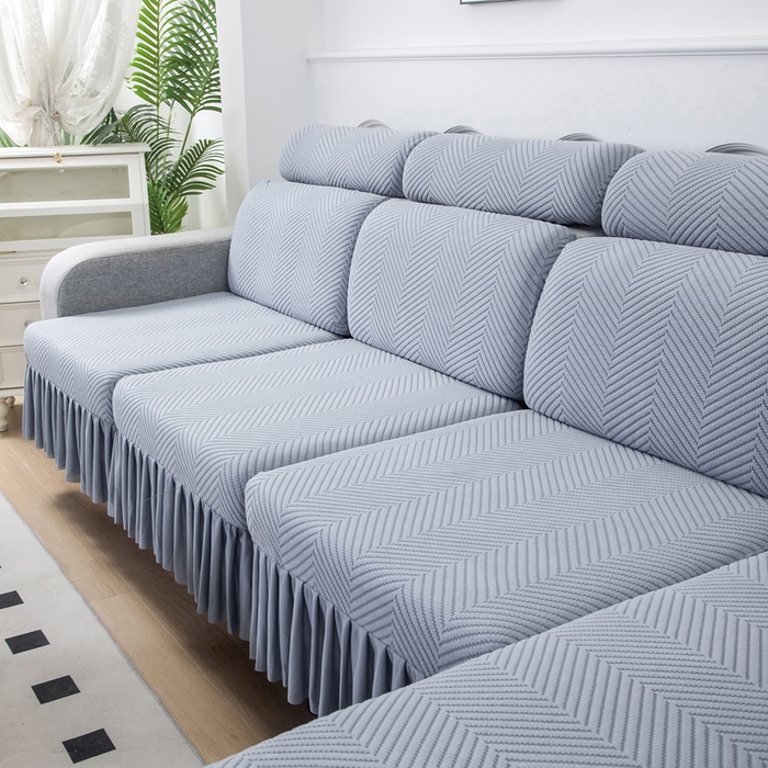 91家纺网 家纺一手货源 找家纺 （总）千彤 2024新款裙边款弹力沙发套罩拉花绒人字纹系列沙发笠