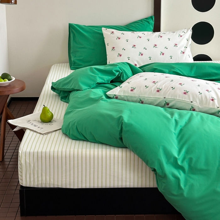 91家纺网 家纺一手货源 找家纺 艾沁 2024新款小清新全棉水洗棉四件套 绿野仙踪（枕套花+绿）