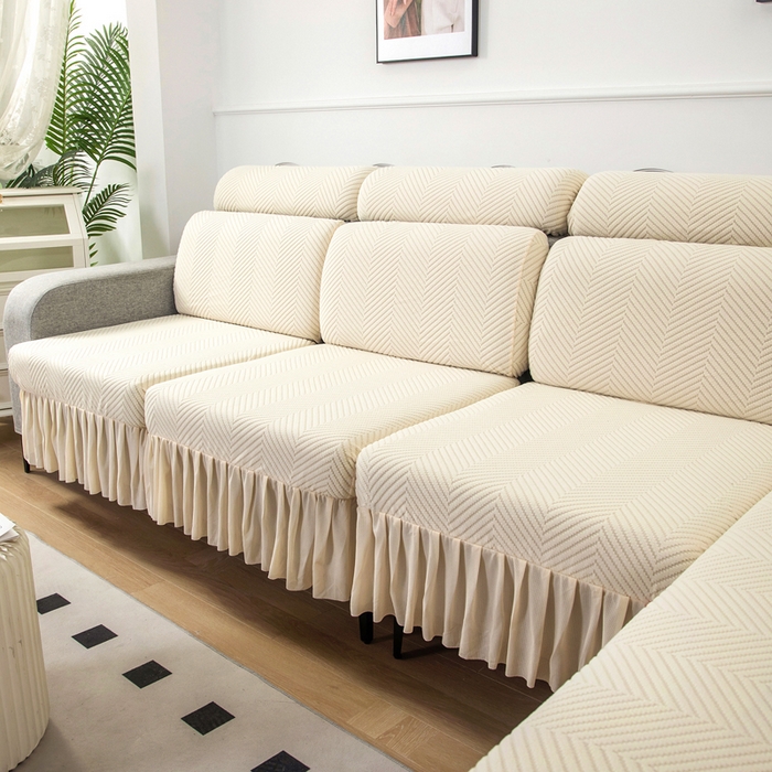 91家纺网 家纺一手货源 找家纺 千彤 2024新款裙边款弹力沙发套罩拉花绒人字纹系列沙发笠 米黄