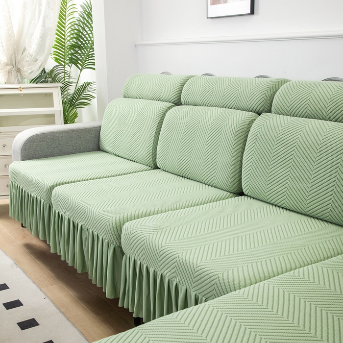 91家纺网 家纺一手货源 找家纺 千彤 2024新款裙边款弹力沙发套罩拉花绒人字纹系列沙发笠 浅绿
