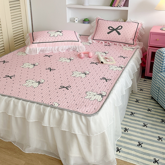 91家纺网 家纺一手货源 找家纺 昔可 新款床裙款乳胶凉席双层雪纺纱乳胶凉席三件套 波点丝带小猫咪