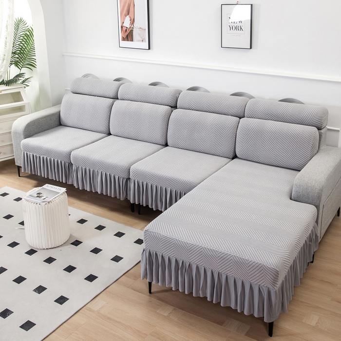 91家纺网 家纺一手货源 找家纺 千彤 2024新款裙边款弹力沙发套罩拉花绒人字纹系列沙发笠 银灰