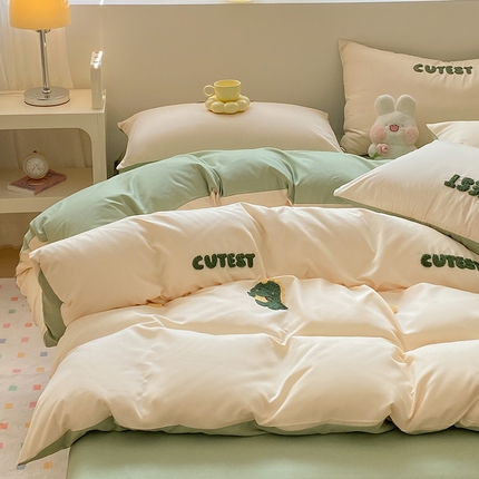 眠帛 2024新款亲肤棉卡通毛巾绣四件套 恐龙-奶昔白绿