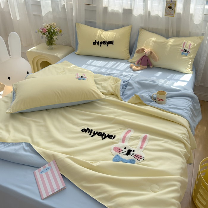 91家纺网 家纺一手货源 找家纺 曼谷家纺 软糯糯水洗棉夏凉被四件套单夏被被子 长耳兔-芝士蓝