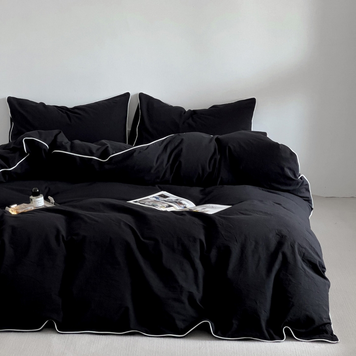 91家纺网 家纺一手货源 找家纺 梦家居 2024新款全棉色织水洗棉禁欲黑色系四件套 黑色—滚边款