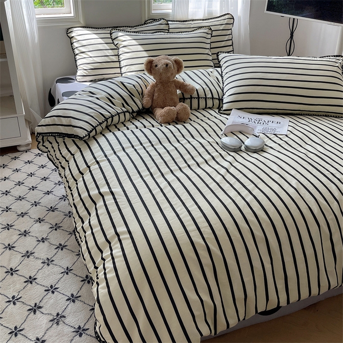 91家纺网 家纺一手货源 找家纺 857家居 2024新款贝壳边四件套 条纹-波点黑